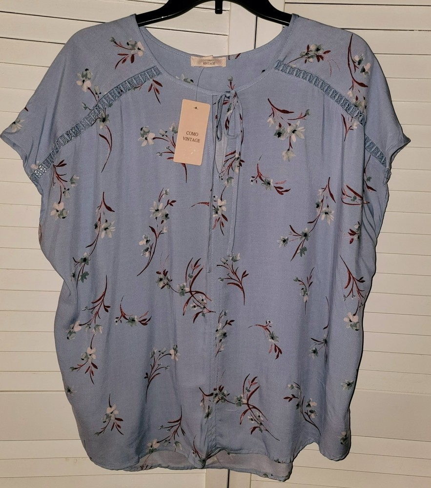 Como Vintage Sky-Blue Floral Tie-Neck Top